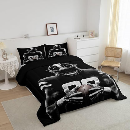 Feelyou Rugby Comforter Set Queen Size Football Player Comforter for Boys Girls Teens Football Bedding Set Rugby Sport Duvet Set Room Decor Black Quilt Set