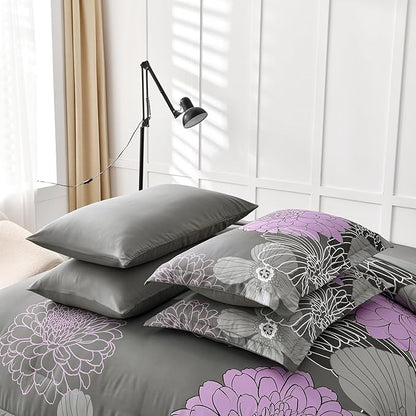 Yiran Cal King Comforter Set -7 Pieces Purple Grey Floral Comforter Set for All Seasons,Bed in a Bag Cal King Flowers Comforter with Flat Sheet Fitted Sheet Pillowshams Pillowcases