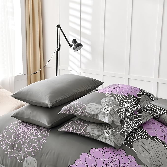 Yiran King Size Comforter Set Grey Purple Comforter Floral Bedding Boho Comforter Set 7 Pieces Soft Microfiber Bed Set for All Seasons 104"×90"
