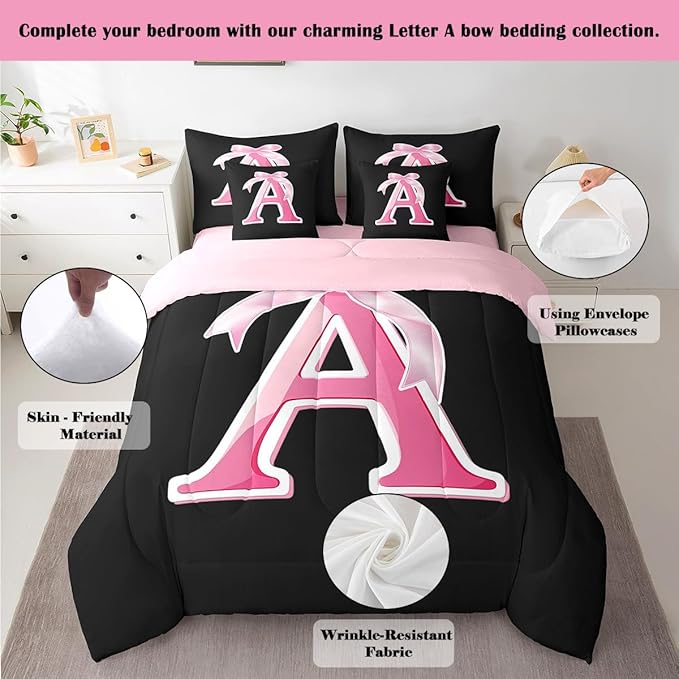 jejeloiu Kids Girls Black Pink Bow Comforter Set with Sheets Full Size Monogrammed 7 Piece Bedding Set Personalized Initial A Bed in a Bag with Comforter,Sheets,Pillowcases Modern Fashion Bed Set