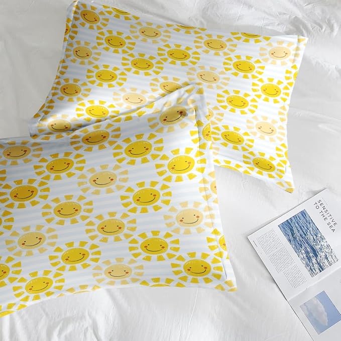 Comforter Set Queen Size, Cute Sunshine Sun 7 Pcs Bedding for Kids and Adults, Beach Summer Happy Bed Sheet Sets with Fitted Sheet 2 Pillowcases & 2 Shams for Bedroom Bed Decor