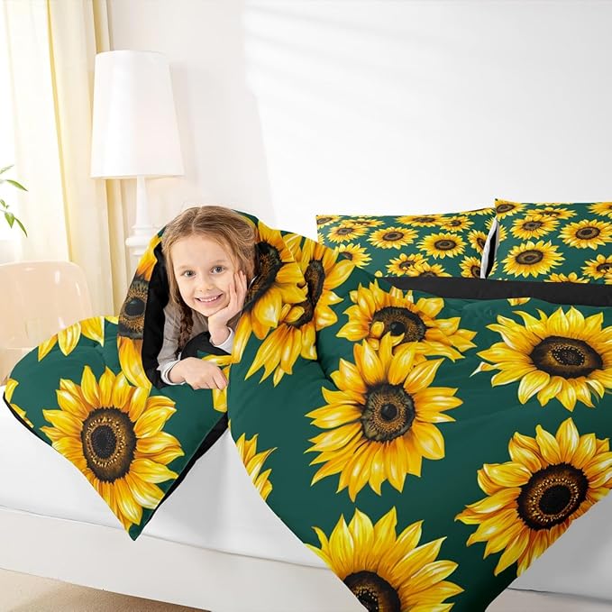 Erosebridal Sunflower Comforter Set King Size 3D Floral Bedding Set for Kids Girls Women Adult Yellow Floral Down Comforter Botanical Flower Print Green Quilt Set Blossom Garden Duvet Set