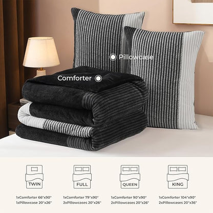 Litanika Fluffy Fleece Full Size Comforter Set, Luxury Soft Plush Fuzzy Grey White Stripe Bedding Comforter Sets, Warm Shaggy Faux Fur Bed Set All Season (1 Comforter, 2 Pillowcases)