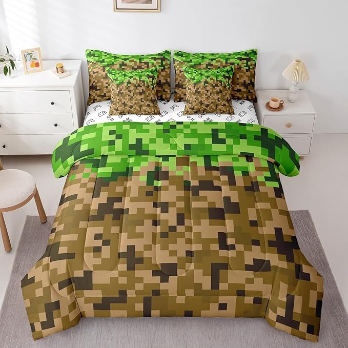 Miner Style Square Grid 7Pcs Comforter Set King Size,Brown Green Army Camo Bedding Sets for Kids Boys Teens Men Room Decor,Cartoon Gamepad Reversible Bed in a Bag Pixelated Games Flat Fitted Sheet