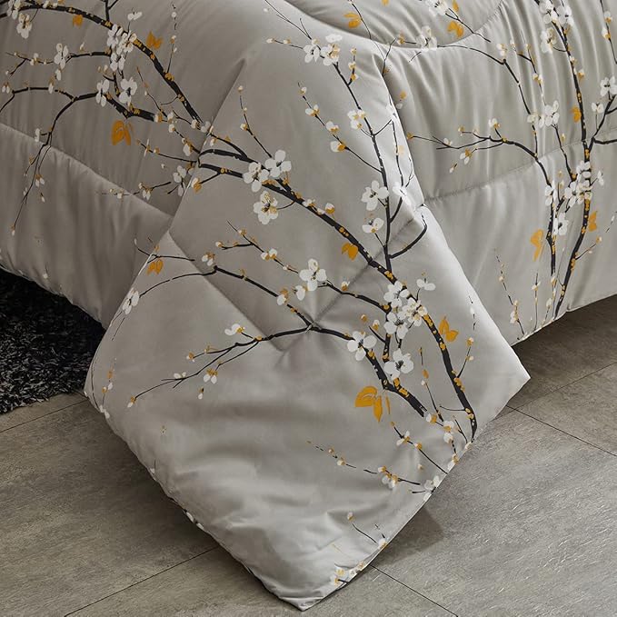 Gray Comforter Sheet Set Bed in a Bag 7 Pieces Cal King Size Tree Branch Bloom Flower Bedding Set (1 California King Comforter 2 Pillow Shams 1 Tan Flat Sheet 1 Fitted Sheet 2 Pillowcases)