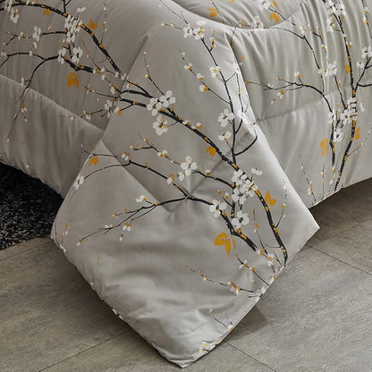 Gray Comforter Sheet Set Bed in a Bag 7 Pieces Cal King Size Tree Branch Bloom Flower Bedding Set (1 California King Comforter 2 Pillow Shams 1 Tan Flat Sheet 1 Fitted Sheet 2 Pillowcases)