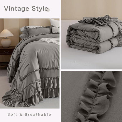 QSH Grey Oversized King Comforter Set 120x120, Farmhouse Ruffled Bed Comforter Gray French Country Rustic Vintage Comforter Microfiber Soft Lightweight Fluffy Shabby Bedding 3 PCs