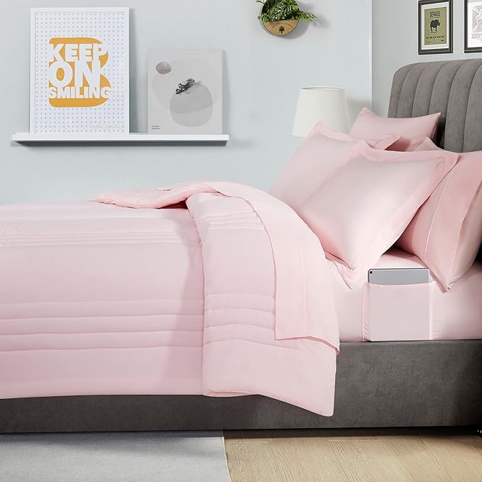 Queen Comforter Set Quilted Stripe Bedding Bundle – Stylish Set with Comforter, Mattress Protector, Sheet Set & Pillow Shams — Sophisticated Striped Design for Home & Guest Rooms, Pale Pink