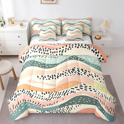 Erosebridal Geometric Wave Bed in a Bag 7-Piece Girls Pink Teal Beige Bedding Set, Black Polka Dots Twin Size Comforter Set Modern Abstract Art Bedding Comforter Sets, Vintage Minimalist Bed Set