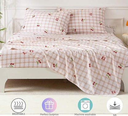 SDY 7PCS Pink Cherry Plaid Comforter and Sheet Set Twin Size, Super Cute Soft Microfiber Gingam Bedding Set Includes 1*Comforter,1* Flat Sheet, 1*Fitted Sheet,2*Pillowcases and 2*PillowcaseShams