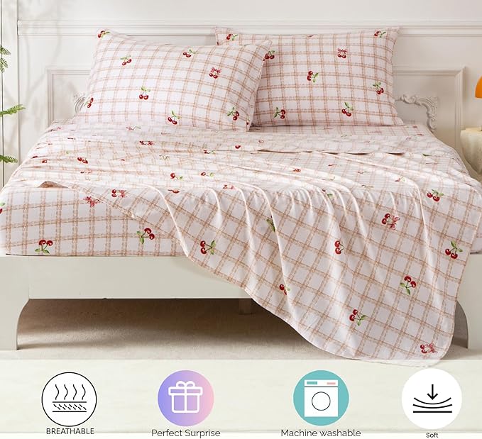 SDY 7PCS Pink Cherry Plaid Comforter and Sheet Set Queen Size, Super Cute Soft Microfiber Gingam Bedding Set for Kids with 1*Comforter,1* Flat Sheet, 1*Fitted Sheet.2*Pillowcases and PillowcaseShams