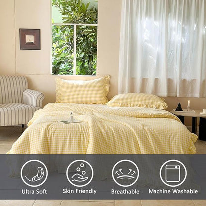 NSNLGSGC Yellow Ruffle Gingham Comforter Set Queen, Pre-Washed Ruffled Plaid Checked Comforter Bedding, 3 Pieces Vintage Farmhouse Grid Bedding Set(Yellow Gingham, Queen)