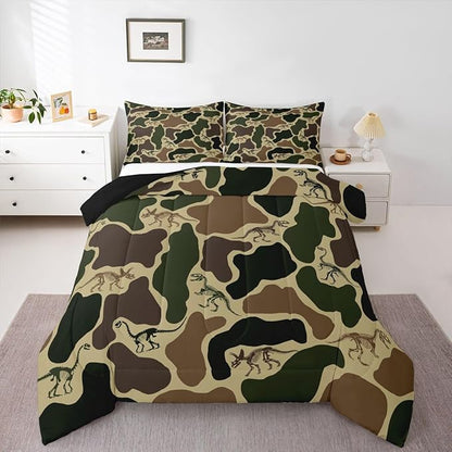 Erosebridal Dino Camouflage Comforter Set Toddler Size Dark Green Camo Bedding Set for Kids Boys Girls Dinosaur Skeleton Comforter Vintage Skeleton Rustic Quilt Bedroom Decor