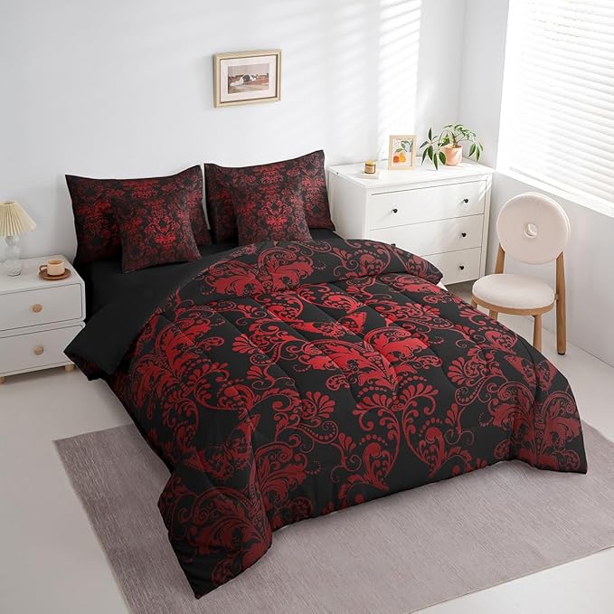 Erosebridal Gothic Damask Comforter Set 7 Piece Bed in a Bag Twin,Butterfly Skull Bedding Sets Red Black Victorian Floral Goth Sheet Set with Comforter