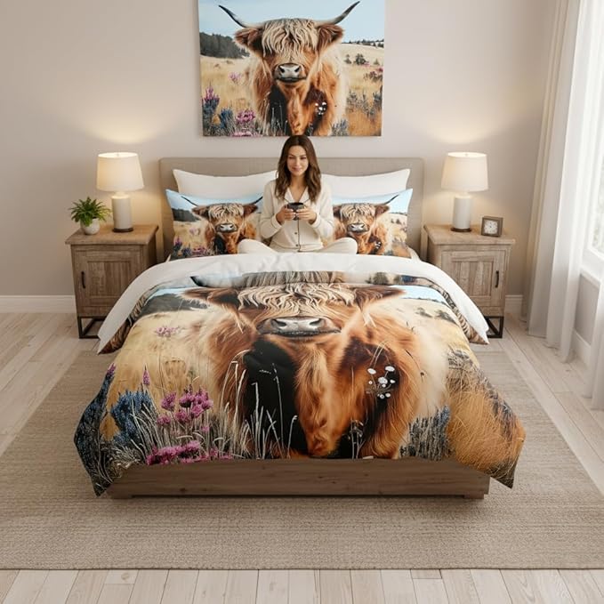 Highland Cow Comforter Set Queen Size,Farmhouse Bedding Set for Women Men,3 Pcs Warm Microfiber Quilt Set with 2 Pillowcases/90 * 90