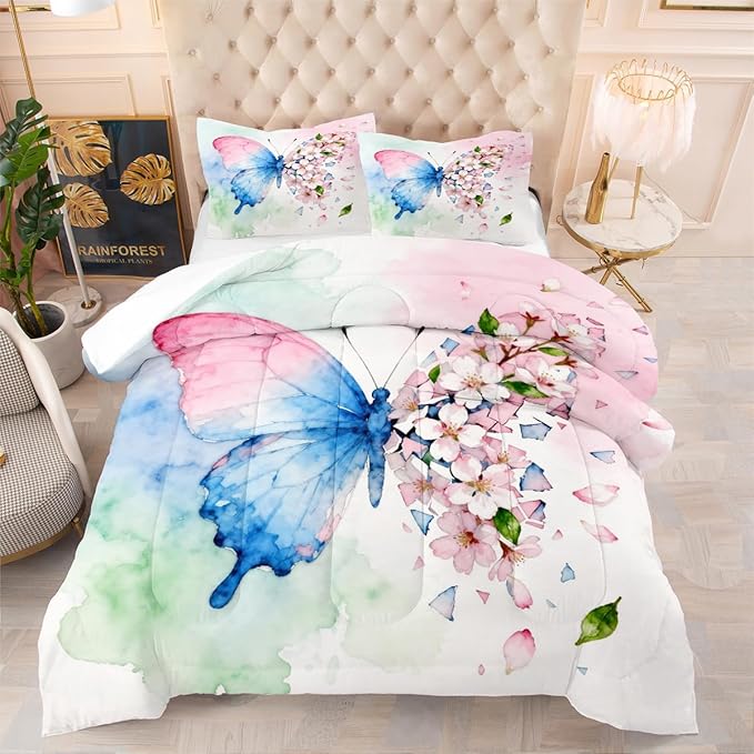 Butterfly Comforter Set Queen 3 Pieces Blue Pink Green Tie Dye Bedding Set for Kids Teens Butterflies Floral Cherry Blossoms Comforter with 2 Pillowcases, Super Soft Microfiber All Season