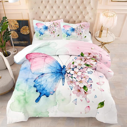 Butterfly Comforter Set Queen 3 Pieces Blue Pink Green Tie Dye Bedding Set for Kids Teens Butterflies Floral Cherry Blossoms Comforter with 2 Pillowcases, Super Soft Microfiber All Season