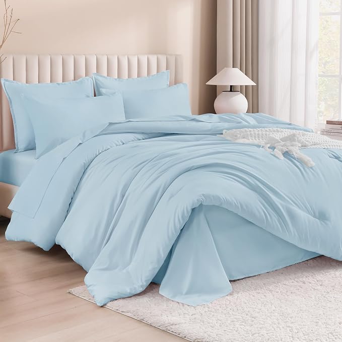 Litanika Twin/Twin XL Size Comforter Sets Grey Light Blue - 5 Pieces Bed in a Bag Twin/Twin XL Bedding Comforter Sets, Solid Lightweight Bed Set with Comforter, Sheets, Pillowcase & Sham