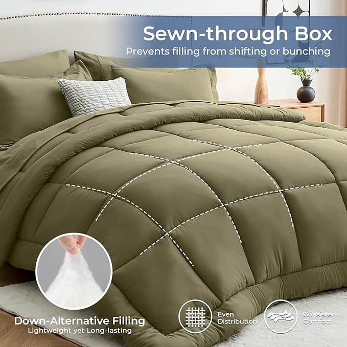 Sasttie King Size Comforter Set, 7 Pieces Bed in a Bag King, Complete Bedding Set Includes Comforter, Flat Sheet, Fitted Sheet, Pillowcases and Pillow Shams, Olive