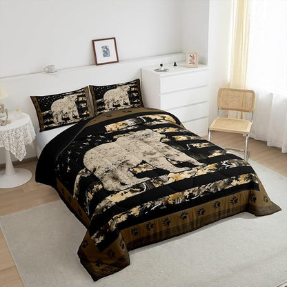 Feelyou Gray Bear Bedding Set Wild Animal Comforter Set for Kids Boys Girls Camo Tree Branches Comforter American Flag Quilt Set with 2 Pillowcases 3Pcs Bedding King