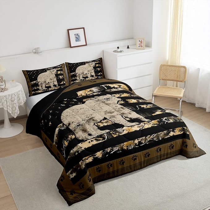 Feelyou Gray Bear Bedding Set Wild Animal Comforter Set for Kids Boys Girls Camo Tree Branches Comforter American Flag Quilt Set with 1 Pillowcase 2Pcs Bedding Twin