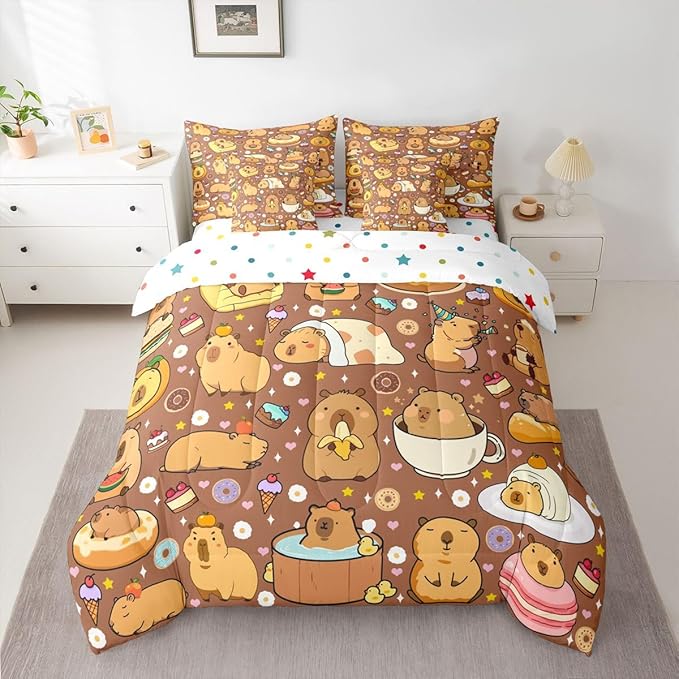 Erosebridal Capybara 7 Pieces Bedding Set King Size,Cute Capybaras Bed in a Bag,Funny Rodent Animals Bed Set Includes Comforter,Sheet Set,Pillowcases & Pillow Covers,Stars Love Hearts Bedroom Decor