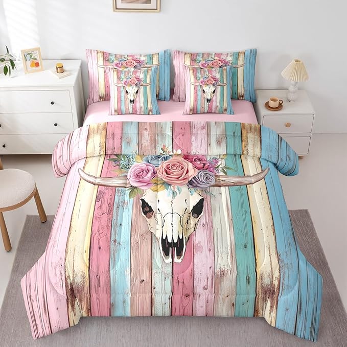 Erosebridal Bull Skull 7 Piece Comforter Set Queen Girly Pink Cowgirls Bedding Sets Sugar Skull Rose Flowers Bed in A Bag Animals Skeleton Floral Quilt Rustic Farmhouse Wooden Board Sheet Set