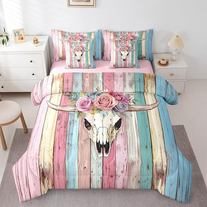 Erosebridal Bull Skull 7 Piece Comforter Set Queen Girly Pink Cowgirls Bedding Sets Sugar Skull Rose Flowers Bed in A Bag Animals Skeleton Floral Quilt Rustic Farmhouse Wooden Board Sheet Set