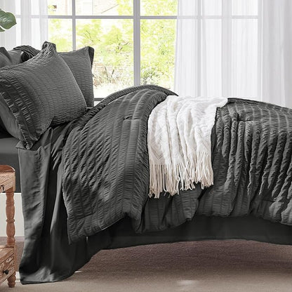 Zzlpp King Comforter Set 7 pieces, Dark Grey Seersucker Bed in a Bag with Comforter and Sheets, All Season Bedding Sets with 1 Comforter, 2 Pillow Shams, 2 Pillowcases, 1 Flat Sheet, 1 Fitted Sheet