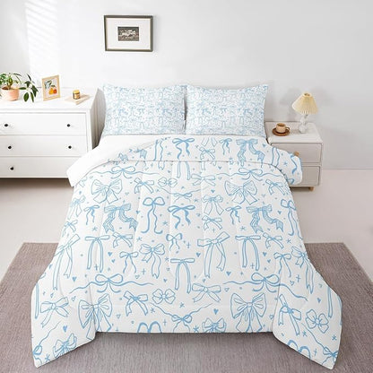 Cute Blue Bowknot Comforter Set King Size,Cartoon Hand Drawn Stars Love Bow Bedding Set,Kids Girls Sweet Princess Style Quilt Set for Teens Woman Room Decor,Modern Romantic Duvet Insert 3Pcs