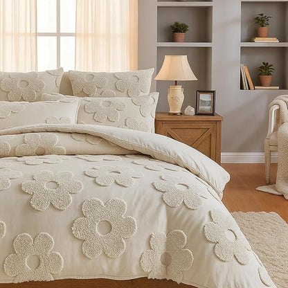 Frienda Spring Floral Full Comforter Cover Set for Girl Women 3 Pcs Tufted Khaki Floral Bedding Set Embroidery Boho Warm Tufted Bedding Include 1 Comforter Cover 2 Pillow Case for Home Gift