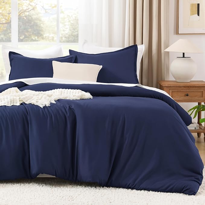 Litanika Comforters Navy Blue Oversized King Size, 3 Pieces Lightweight Solid Bedding Set & Collections, All Season Fluffy Bed Set (120x98In Comforter & 2 Pillowcases)