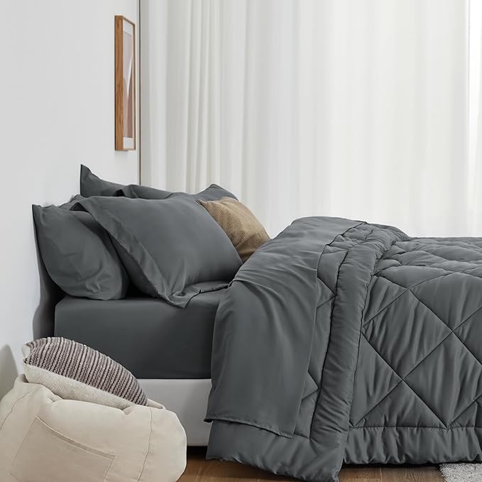 Love's cabin King Size Comforter Set Dark Grey, 7 Pieces King Bed in a Bag, All Season Bedding Sets with 1 Comforter, 1 Flat Sheet, 1 Fitted Sheet, 2 Pillowcase and 2 Pillow Sham