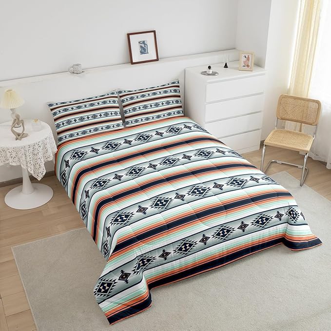 Erosebridal Boho Aztec Comforter Set Bohemian Stripes Bedding Set Toddler Size,Ethnic Tribal Mexican Style Bedding Comforter Sets for Kids Adults American Native Southwestern Quilt Duvet 2 Pcs