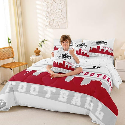 Erosebridal Football 7 Pcs Comforter Set Queen Football City Bedding for Men Boys Red Grey Football Fans Sheet Set Bed in A Bag Rugby Game Room Decor Sports Ball Competition Quilt