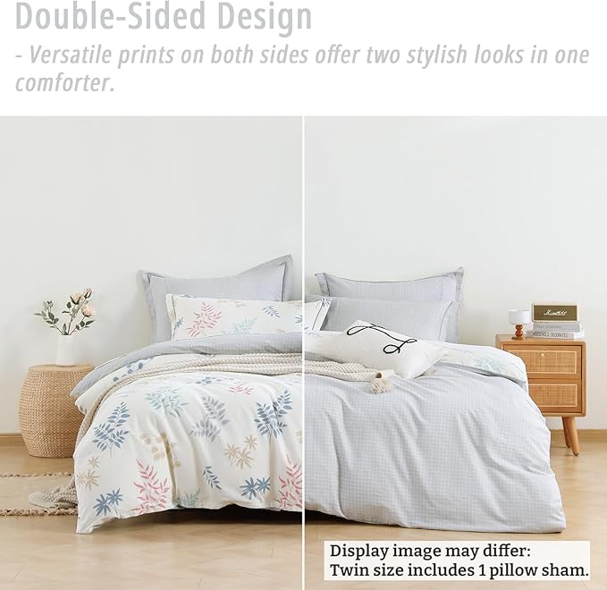 White Cotton Comforter Twin Size 2Pcs - Blue, Beige and Blush Botanicals Pattern on White, Gray Grid Back, Reversible Lightweight Bedding Sets with Soft Fill(1 Comfoter, 1 Pillowcase)