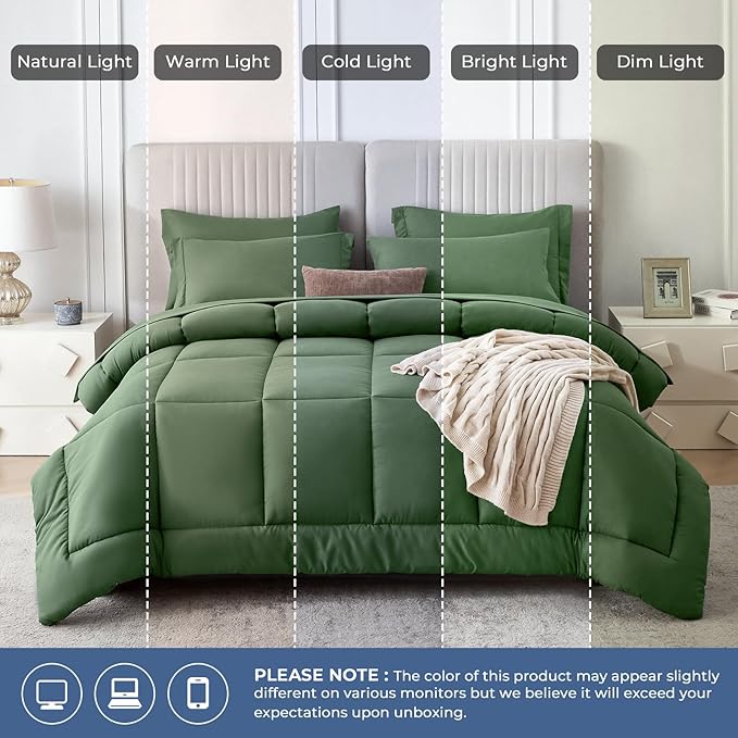 Sasttie King Size Comforter Set, 7 Pieces Bed in a Bag King, Complete Bedding Set Includes Comforter, Flat Sheet, Fitted Sheet, Pillowcases and Pillow Shams, Dark Green
