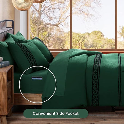 MaiRêve Embroidery Comforter Set, Boho Farmhouse Western Bedding Set, All Season Bed in A Bag Comforter Set with Sheets, Pillowcases & Shams, Emerald Green King 7 Pieces