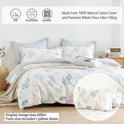 White Cotton Comforter Twin Size 2Pcs - Blue, Beige and Blush Botanicals Pattern on White, Gray Grid Back, Reversible Lightweight Bedding Sets with Soft Fill(1 Comfoter, 1 Pillowcase)