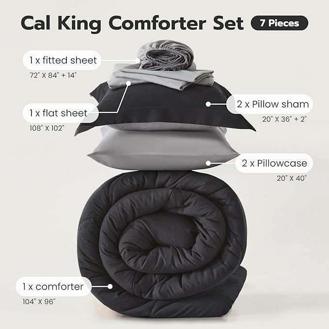 Joiedomi California King Comforter Set with Sheets Black, 7 Pieces Bedding Set with 1 Down Alternative Comforter, 1 Flat Sheet, 1 Fitted Sheet, 2 Pillowcases and 2 Pillow Shams, Bed in a Bag