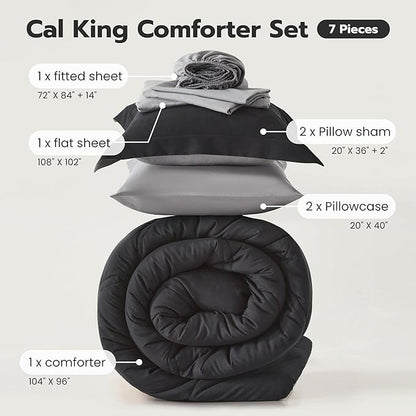 Joiedomi California King Comforter Set with Sheets Black, 7 Pieces Bedding Set with 1 Down Alternative Comforter, 1 Flat Sheet, 1 Fitted Sheet, 2 Pillowcases and 2 Pillow Shams, Bed in a Bag