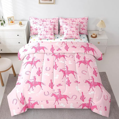 Feelyou Pink Western Cowgirl Comforter Set with Sheets Queen Size Kids West Cowboy Horse 7 Pieces Bedding Set for Boys Girls Teens Rodeo Horseshoe Hat Bed in a Bag Grunge Design Bed Set Cactus