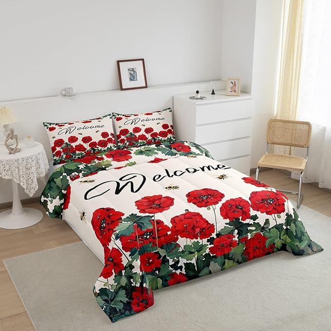 Erosebridal Red Farmhouse Flower Bedding Sets Full Spring Bee Geranium Down Comforter Rustic Blossom Floral Comforter Set for Kids Girls Adults Women,Green Leaf Bed Set Country Garden Style Decor