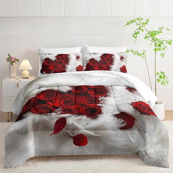 7 Piece Rose White and Red Comforter Set King Size Bed，Romantic Valentine’S Day Valentines Day Bedding King Floral，(1 Comforter, 1 Flat Sheet, 1 Fitted Sheet, 2 Pillowcase and 2 Pillow Sham)