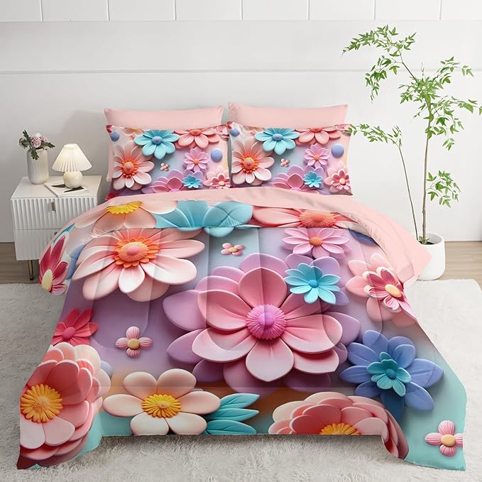 Pink Floral Comforter Set Queen Size Bed 7 Piece，Quilt Queen Size Bedding Set 7 Piece Farmhouse Blue Floral，(1 Comforter, 1 Flat Sheet, 1 Fitted Sheet, 2 Pillowcase and 2 Pillow Sham)