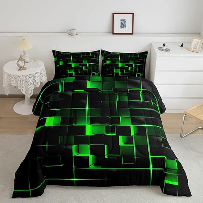 Erosebridal Green Black Comforter Set Full Size Neon Geometric Kids Bedding Set 3 Pcs Honeycomb Bed Sets Modern Quilt,1 Comforter 2 Pillow Cases Cool Room Decor, Bside Black