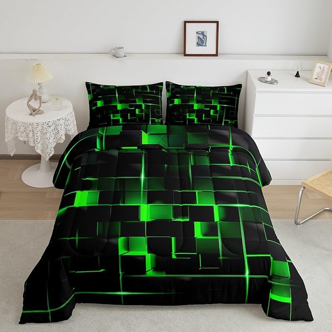 Erosebridal Green Black Bedding Set Queen Size Neon Geometric Kids Comforter Set 3 Pcs Honeycomb Bed Sets Modern Quilt,1 Comforter 2 Pillow Cases Cool Room Decor, Bside Black