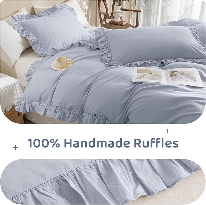 Sanracie Ruffled Bedding Comforter Sets King Size, Cotton Comforters Set 3Pcs for All Season Cornflower Blue Shabby Boho Chic Bedding French Country Farmhouse Rustic Aesthetic Bedroom Sets