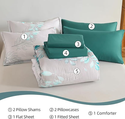 Anibedding 7 Pieces Teal Green King Bed in a Bag Set, Green Botanical Gradient Leaves Ultra Soft Microfiber Down Alternative Bedding Set with Sheets and Bedroom for All Season
