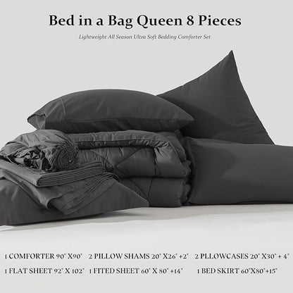 Newspin Queen Comforter Set Dark Grey - Bed in a Bag Queen Size 8 Pieces, All Season Bed Set, Fluffy Comforter Set with Sheets, Sheet Set Quilt Blanket, Pillowcases & Shams & Bed Skirt